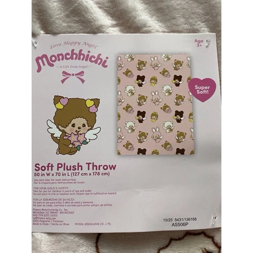 Monchhichi Love Happy Angel Pink Soft‎ Plush Throw Blanket 50”x70” VIRAL NEW
